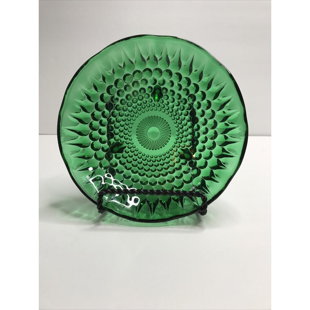 Vintage Four Green Glass Footed Dishes Bowls Teardrop Embossed Scalloped Edge